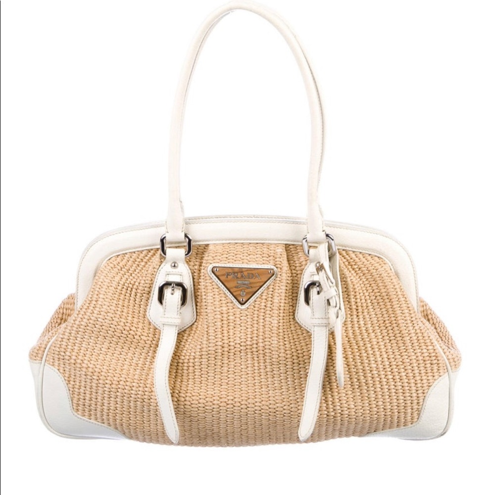 Prada Beige and White Woven Straw Tote